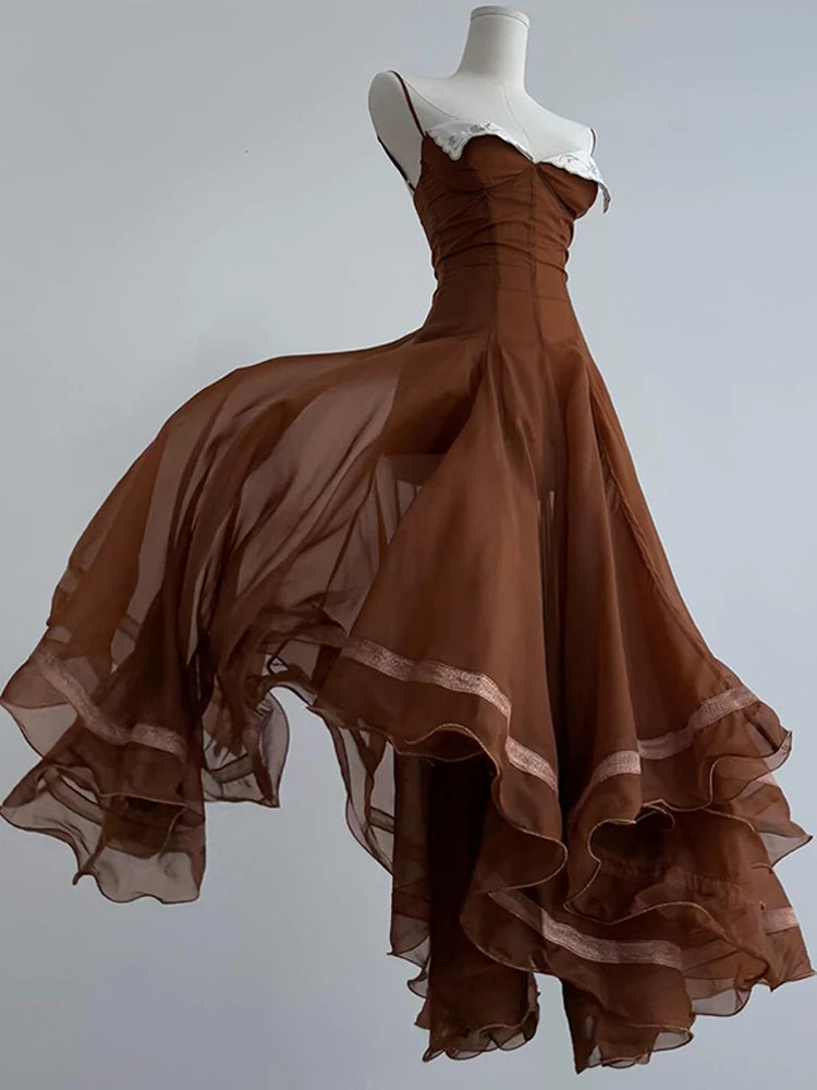 Elegant Pleated Women's Dress Sleeveless Backless Patchwork Waist-Closed Ruffle Hem Sling Maxi Dresses 2026 Summer Female Robe