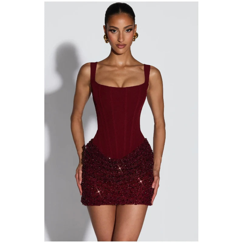 Sexy Sequin Patchwork Sling Mini Dress Women Chic Off-shoulder Backless Waist Cinching Slim Short Dresses Lady Club Party Gowns