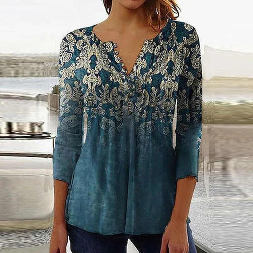 2024 Trendy 3D Printed Shirts for Women Spring Summer 3/4 Sleeve V Neck Buttons Blouse Shirt Elegant Ladies Long Sleeve Tops
