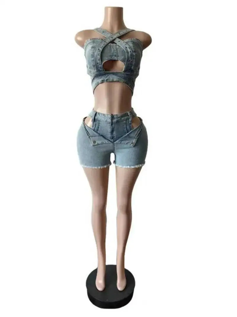 Fashion Denim Cutout Women's Set Wrap Strap Crop Top And Shorts Jeans  Summer Two 2 Piece Sets Outfits Tracksuit