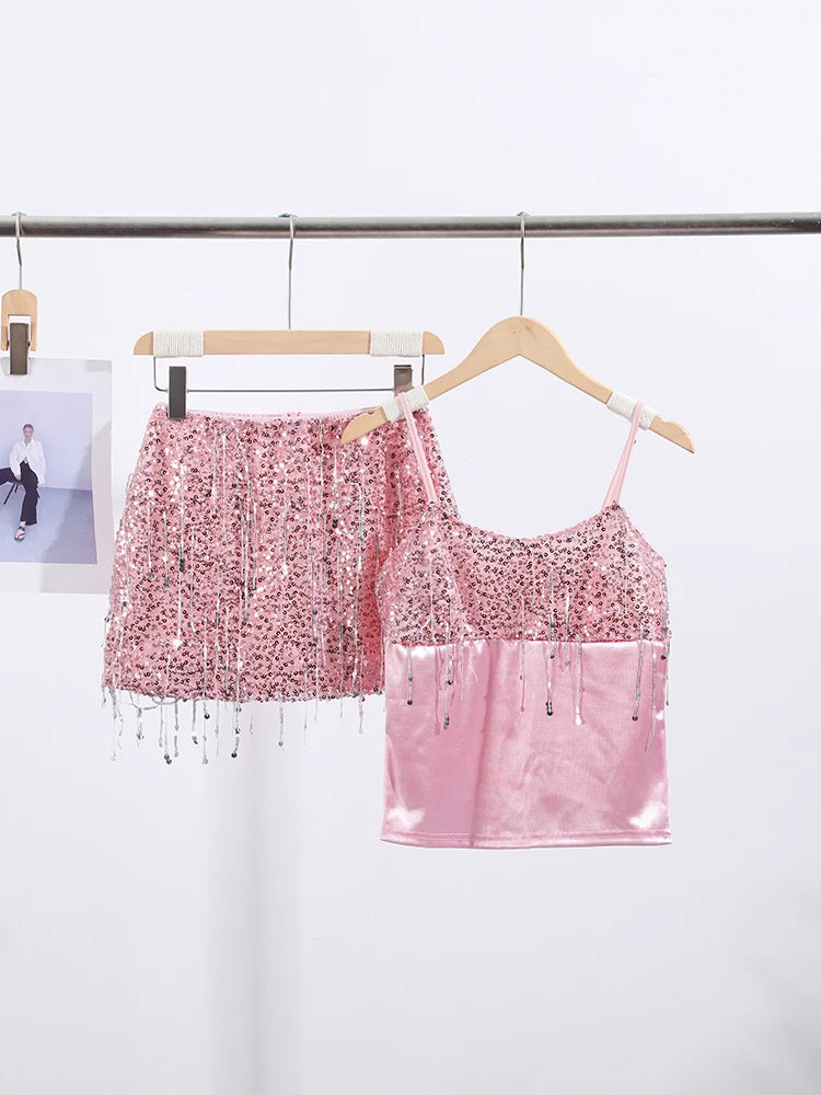 Sexy Tassel Sequins Vest Mini Skirt Women Crop Sling Vests Short Hip Package A-line Skirts 2026 Summer Lady Beach Party Outfits