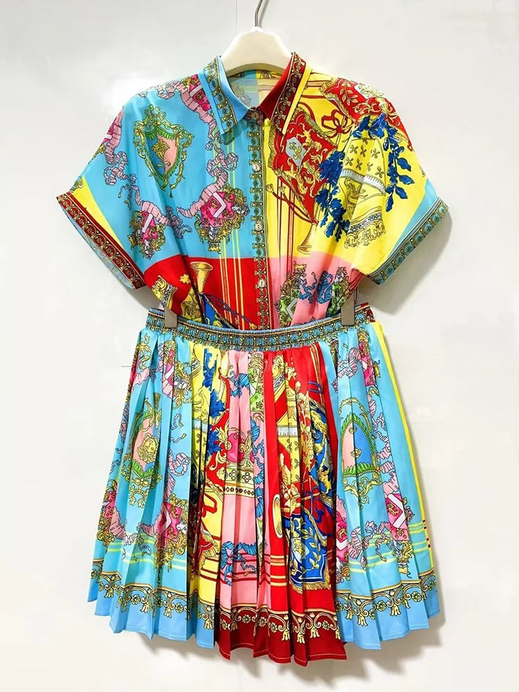 Designer retro geometric print lapel short-sleeved shirt two-piece 2026 summer women's dress+loose pleated skirt fashion suit