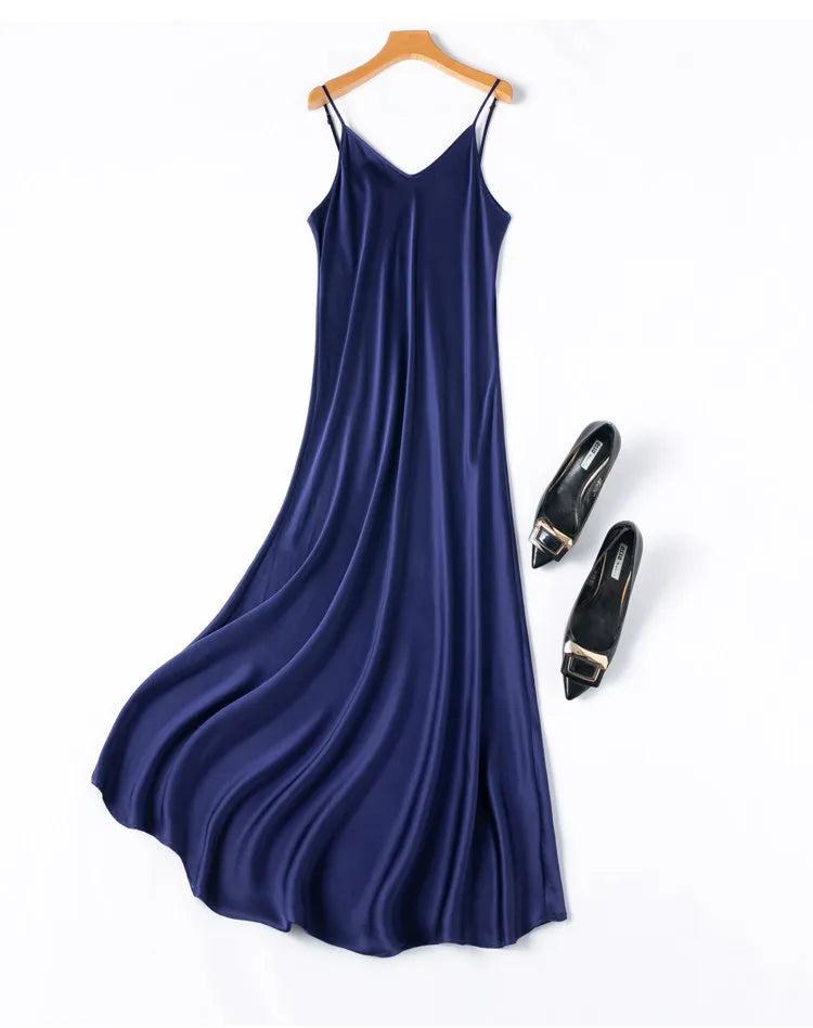 Tcyeek Woman Long Dress, 100%Real Silk, V Neck, Solid Spaghetti Strap Dresses, 2025 Elegant Chic Clothes
