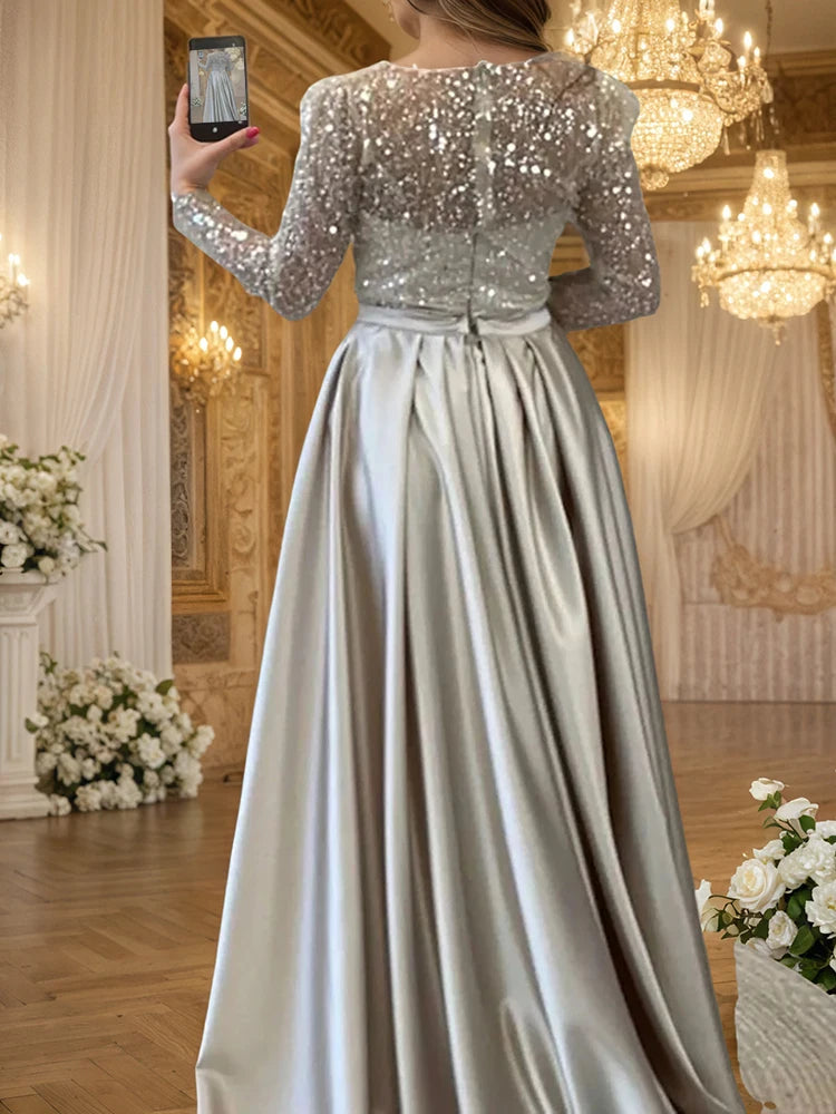 Glamorous Sequin Evening Dress For Women Crew Neck Gold Long Sleeve Ruched Tiered Bodycon Formal Prom Dress Wedding Maxi Dresses