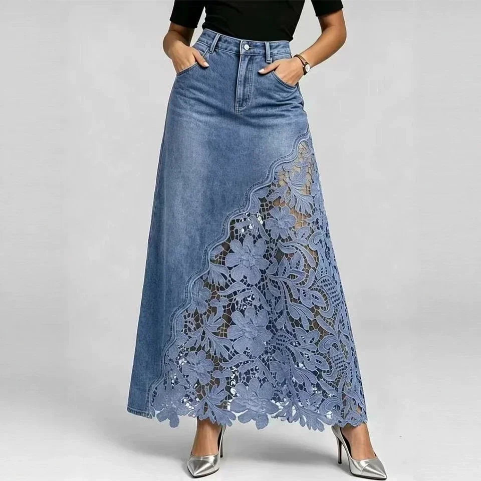 Women Elegant Lace Spliced Denim Skirt High Waist Slim A-line Skirt Washed Denim Wrap Hip Long Skirt All Match Fashion Bottoms