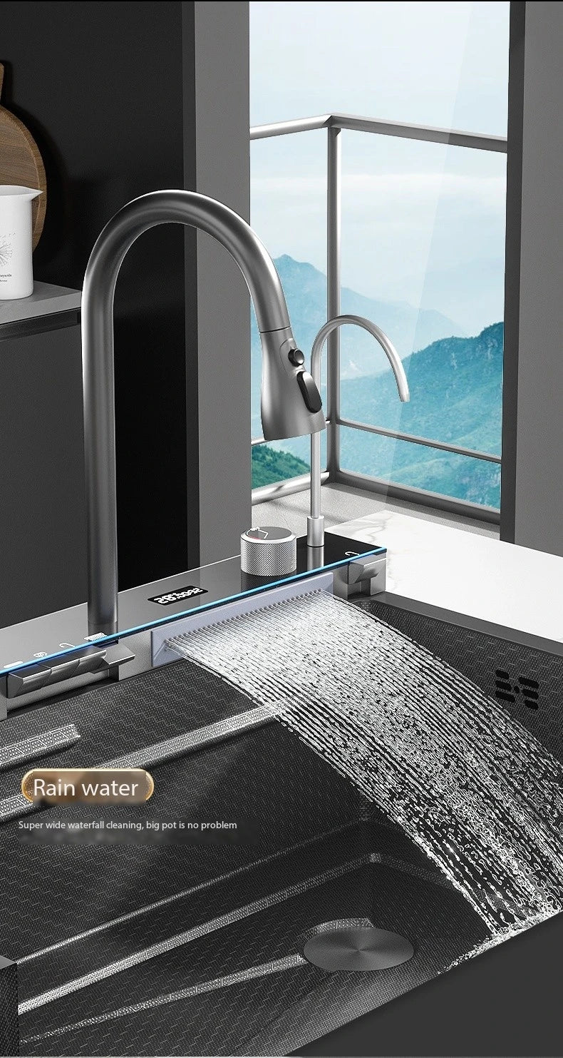 Stainless Steel Waterfall Kitchen Sink Digital Display Extra Large Single Bowl Multifunctional Household Vegetable Washing Sink