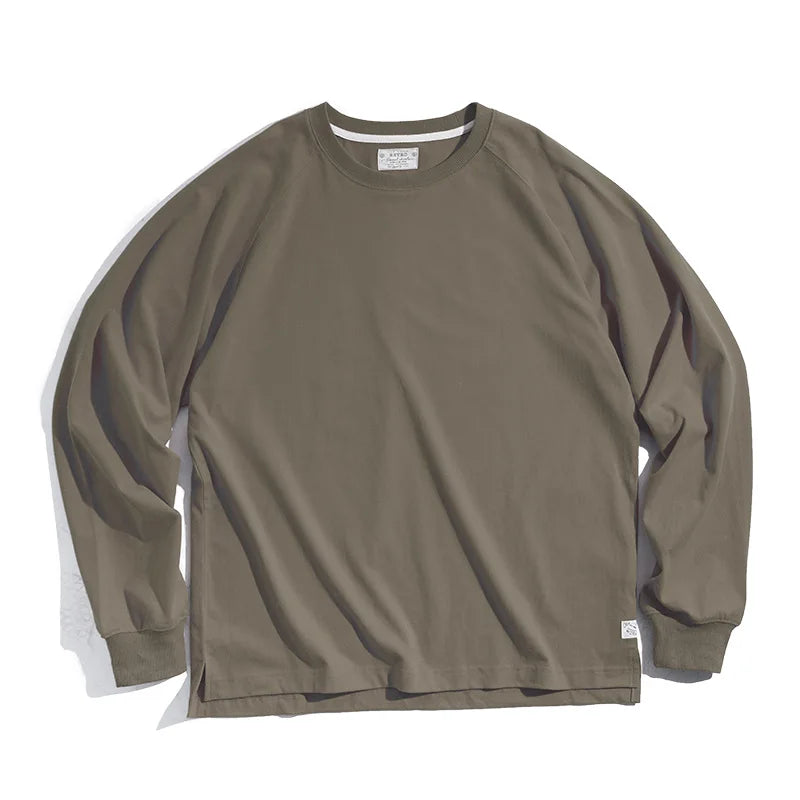 Maden 100% Cotton Loose Crew Neck Long Sleeve T-shirts Men's  230g Thin Breathable Tee Shirt Basic Solid Color Oversized Tops