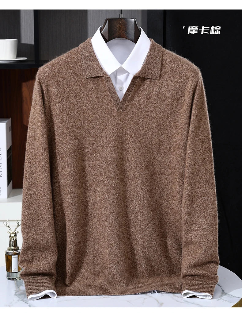 Autumn/Winter Men's 100% Pure Cashmere Pullover Business Casual Solid Knitted Sweater Loose Collar Tops Thick Warm Base Jumper