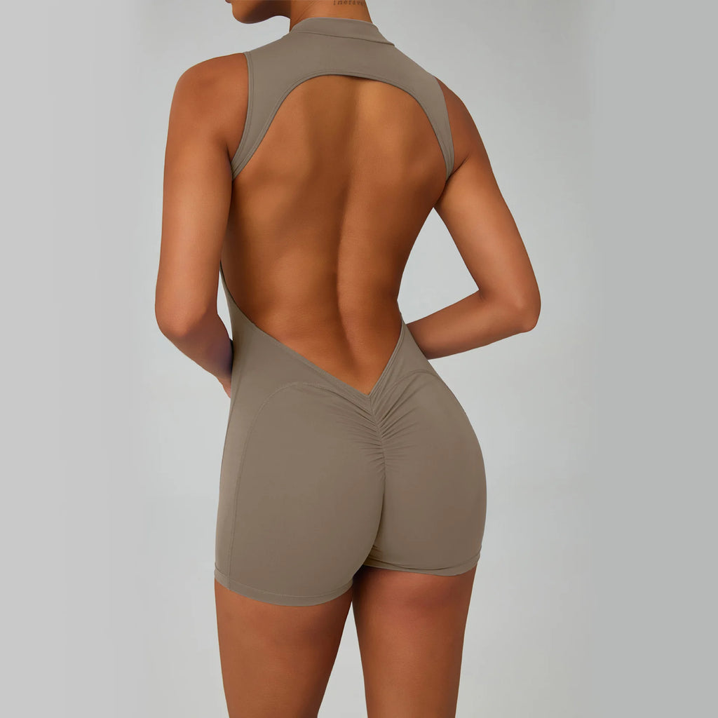 Greenora Sexy Backless Bodysuit Women Ruched Butt Lift Rompers Mock Neck Sleeveless Jumpsuit Streetwear Y2K Slim Fit Playsuit