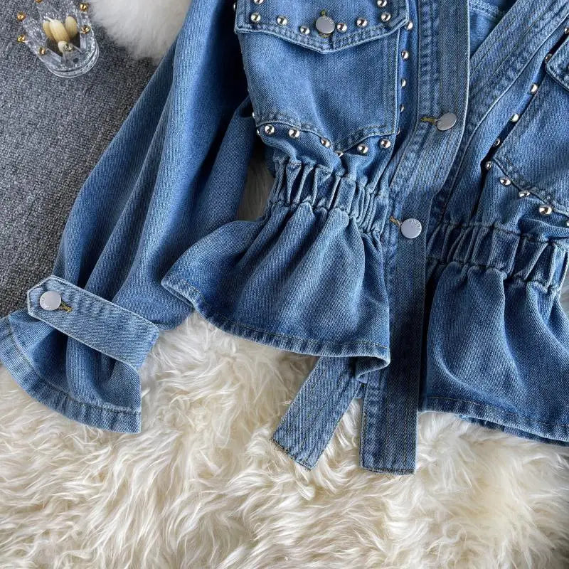 Design Inspired Denim Jacket For women 2026 Spring Autumn New Heavy Industry diamond Studded Nail bead Slimming Long sleeved Top