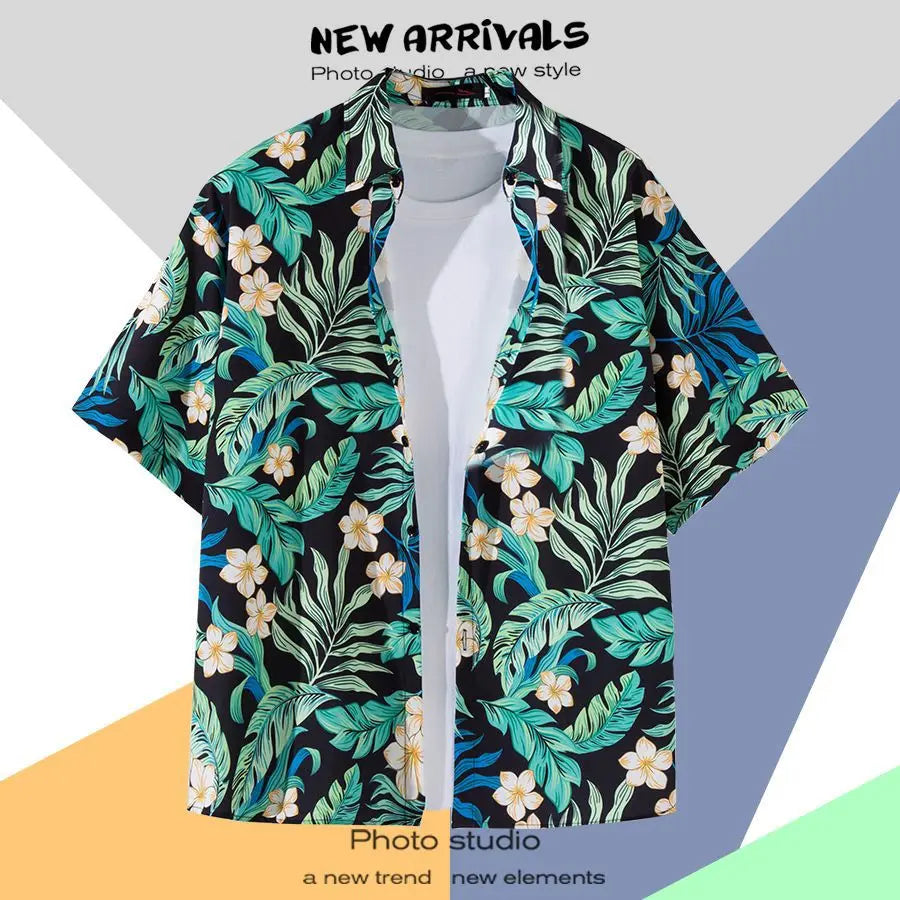 New Summer Casual Short Sleeved Shirt Korean Version Fashionable Men's and Women's Loose Collar Hawaiian Seaside Flower Shirt