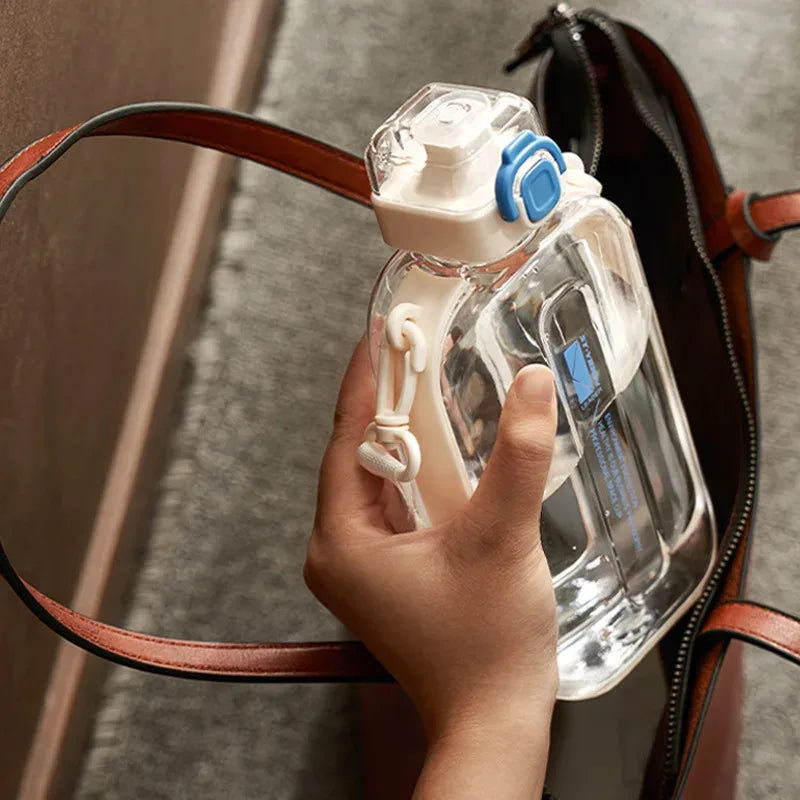 750ML Flat Square Transparent Portable Travel Water Bottle Adjustable Strap Elegant Slim Design for Sports Camping