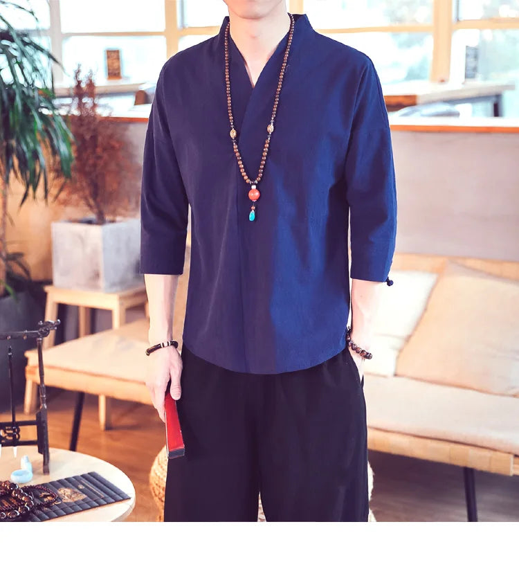Summer Kimono Japanese Style Short Sleeve Men New Half-sleeved Cotton Linen Breathable Men Clothing T-shirt Japanese Yukata Tops