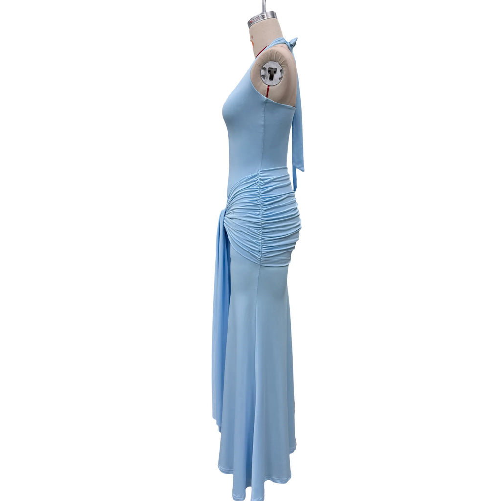 Stylish Lady Elegant Halter Neck Maxi Dress 2026 Summer Women White U-Neck Ruched Draped Sleeveless Bodycon Formal Party Dress