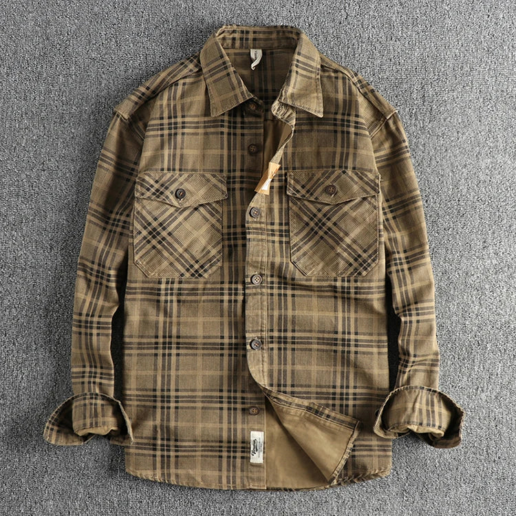 Trendy men's new fashion versatile plaid long sleeve shirt casual cotton washed thin coat