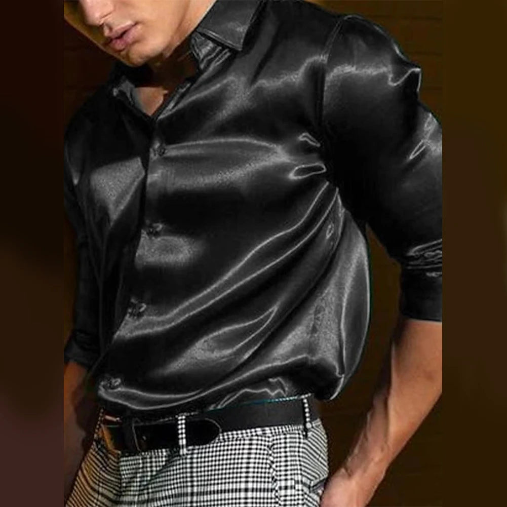 Fashion Autumn Satin Silk Solid Color Long Sleeve Single Breasted Shirt Wedding Party Business Shirts Camisas De Hombre For Men