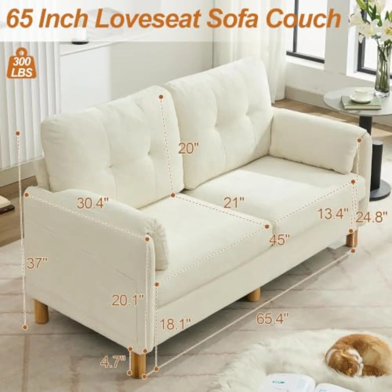 65 Inch Beige Chenille Mid Century Modern Loveseat Sofa with Padded Arms and Storage Pockets for Living Room