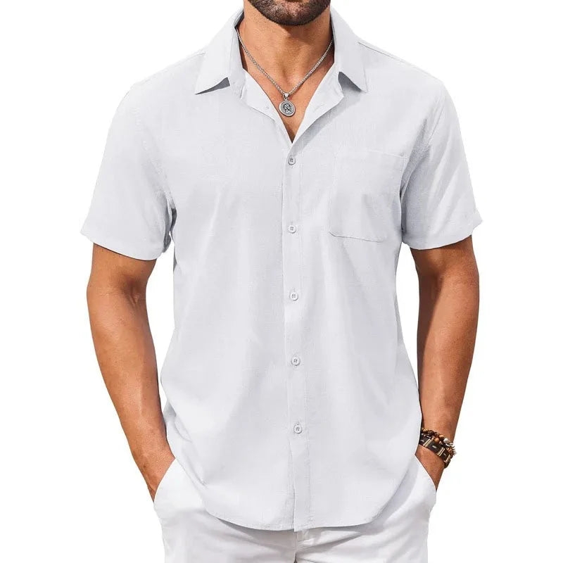 Cotton Linen Breathable Shirt for Men Solid Color Turn Down Collar Male Stylish Summer Short Sleeve Shirts Fashion Clothing
