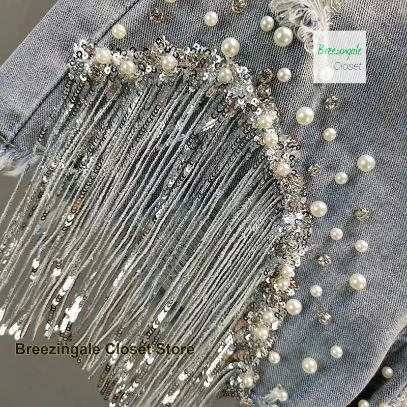 American heavy industry full rhinestone denim shorts women's summer new high waist fashion slim beaded tassels ripped jeans.