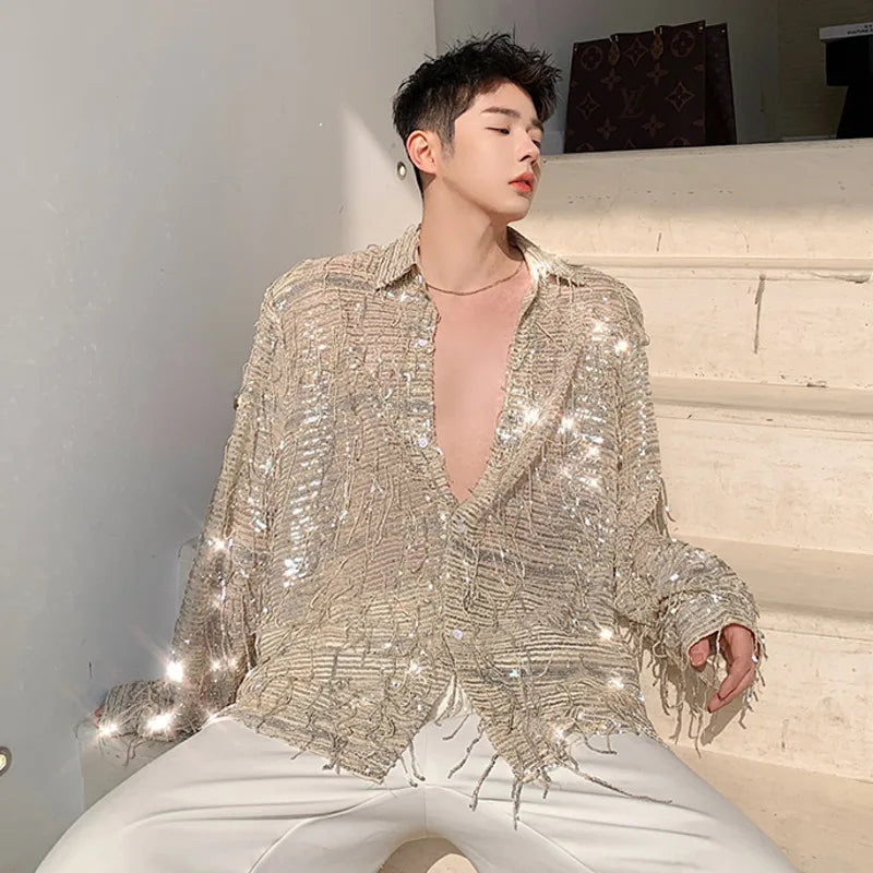 IEFB Spring Summer Men's Shirt Long Sleeve New Irregular Sequin Tassel Shirts Niche Streetwear Korean Style Male Top Tide 9Y7232