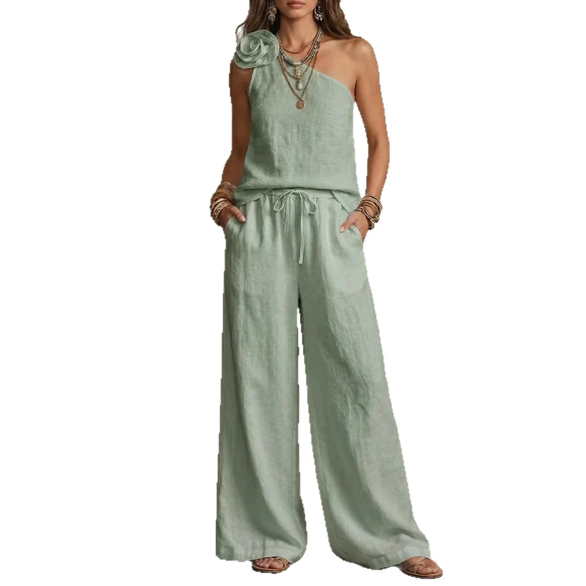 Women's Two-piece Set Slant Collar Top Wide-leg Pants 2026 Summer One-shoulder Suspender Trousers Solid Color New Flower Suit