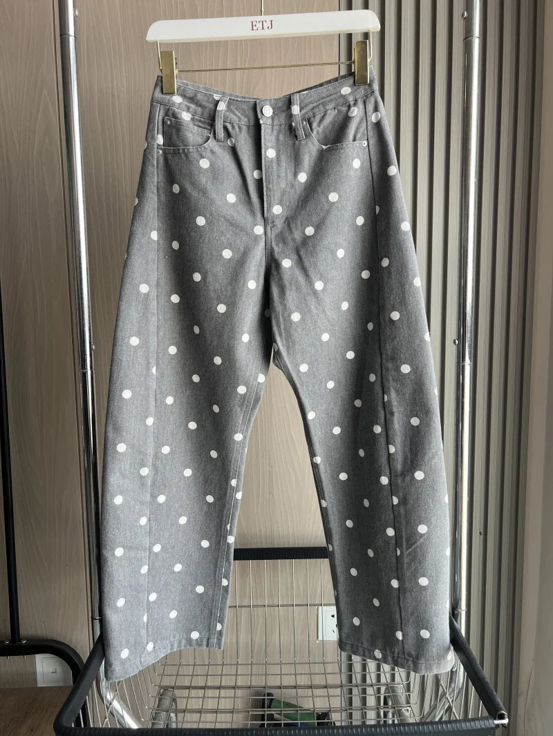 ETJ 2026 New Women's High Waist Polka Dot Wide Leg Jeans Casual Straight Denim Pants Fashion Summer Loose Fit Trousers