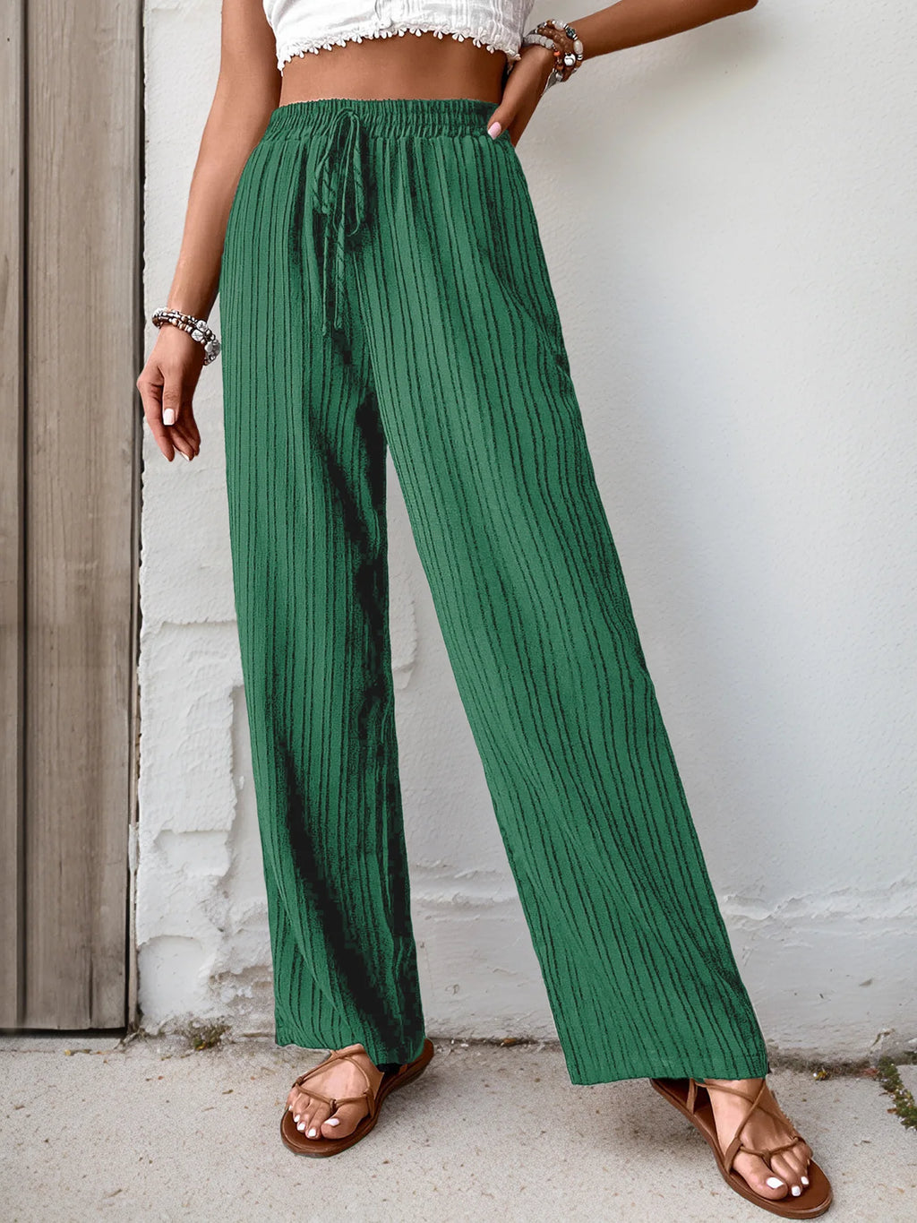 Womens High Waist Pleated Wide Leg Pants Simple Versatile Loose Casual Trousers