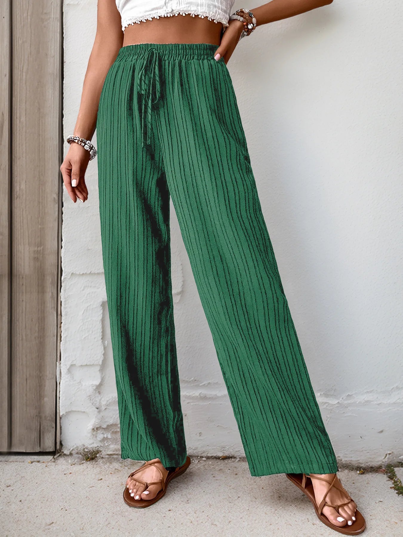 Womens High Waist Pleated Wide Leg Pants Simple Versatile Loose Casual Trousers
