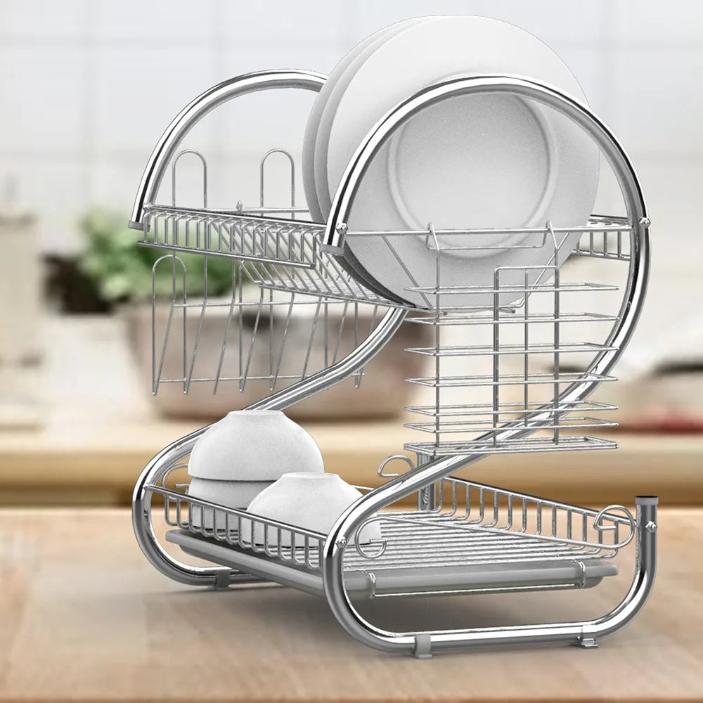 Kitchen Cutlery Organizer 2 Tier S-Shaped Dish Drainer Space-saving Metal Dish Drying Rack Stable Cup Drainer Chopsticks