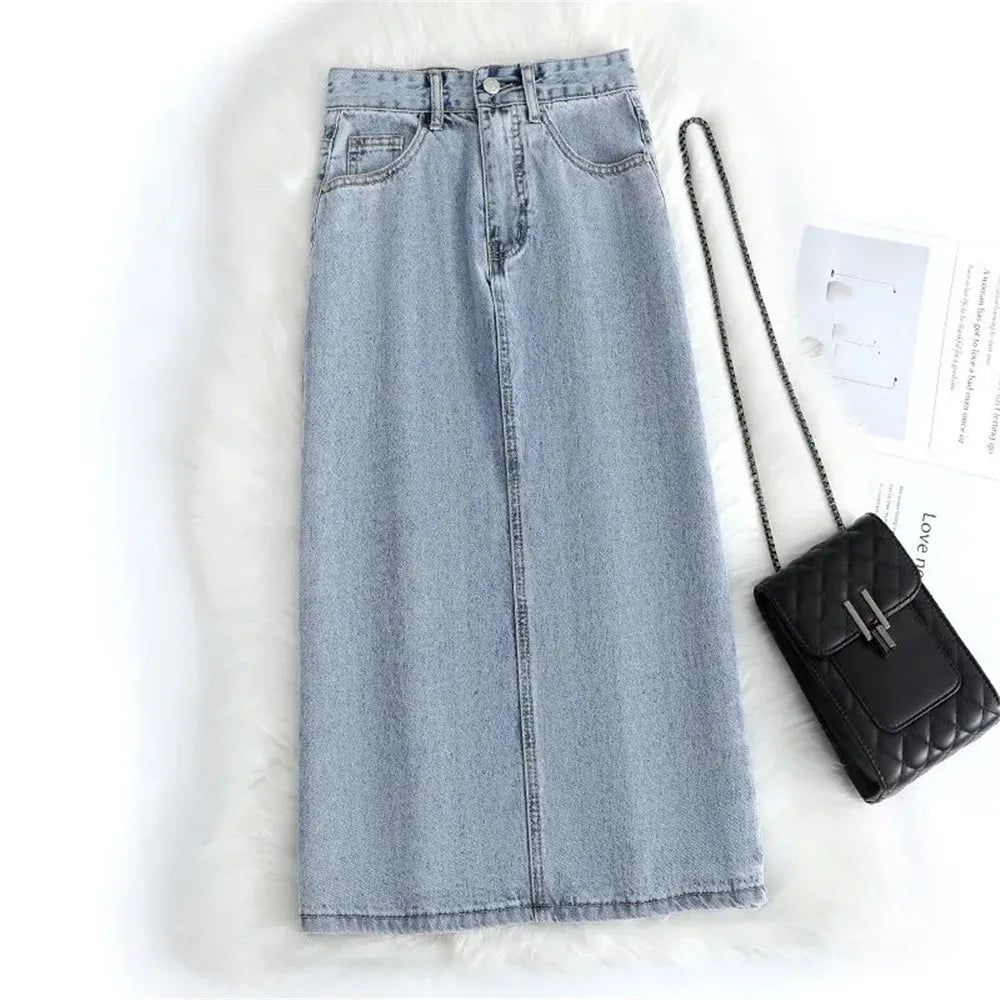 Women Denim Skirt Spring A Line Summer High Waist Loose Split Hem Dark Blue Chic Casual Streetwear Jean Midi Skirt Streetwear