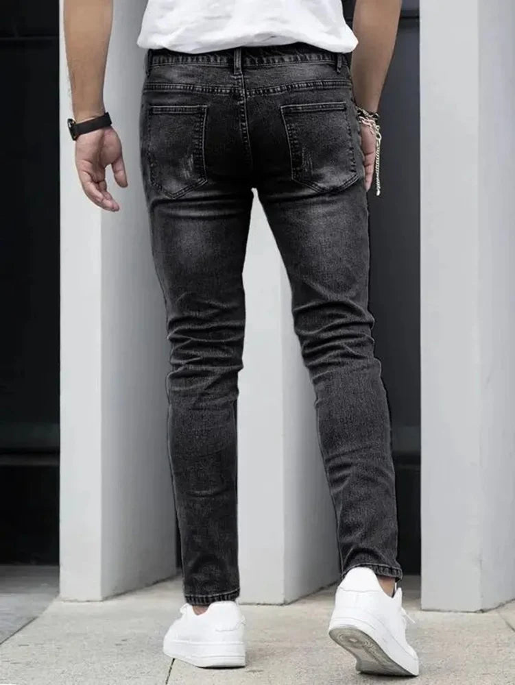 2025 Men's Slim Four-Season Washed Fashion Jeans Stretch Slim Fit Light Blue Gray Black Casual Denim Pants