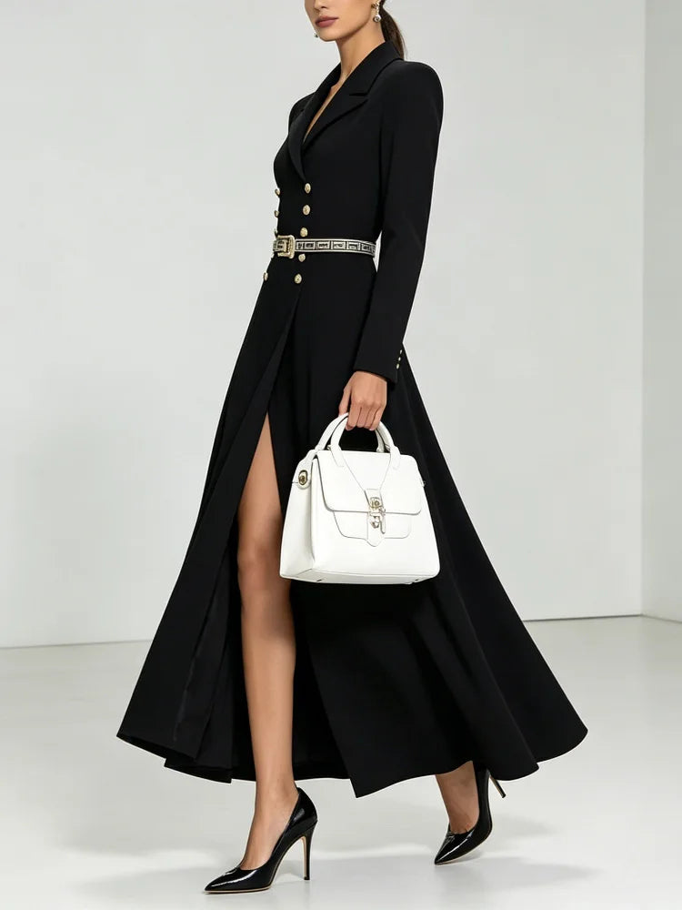 Modigirl 2025 Fall Spring Women’s Simple Black Maxi Dresses V-neck Formal Office Urban Winter Buttoned Dresses for Woman
