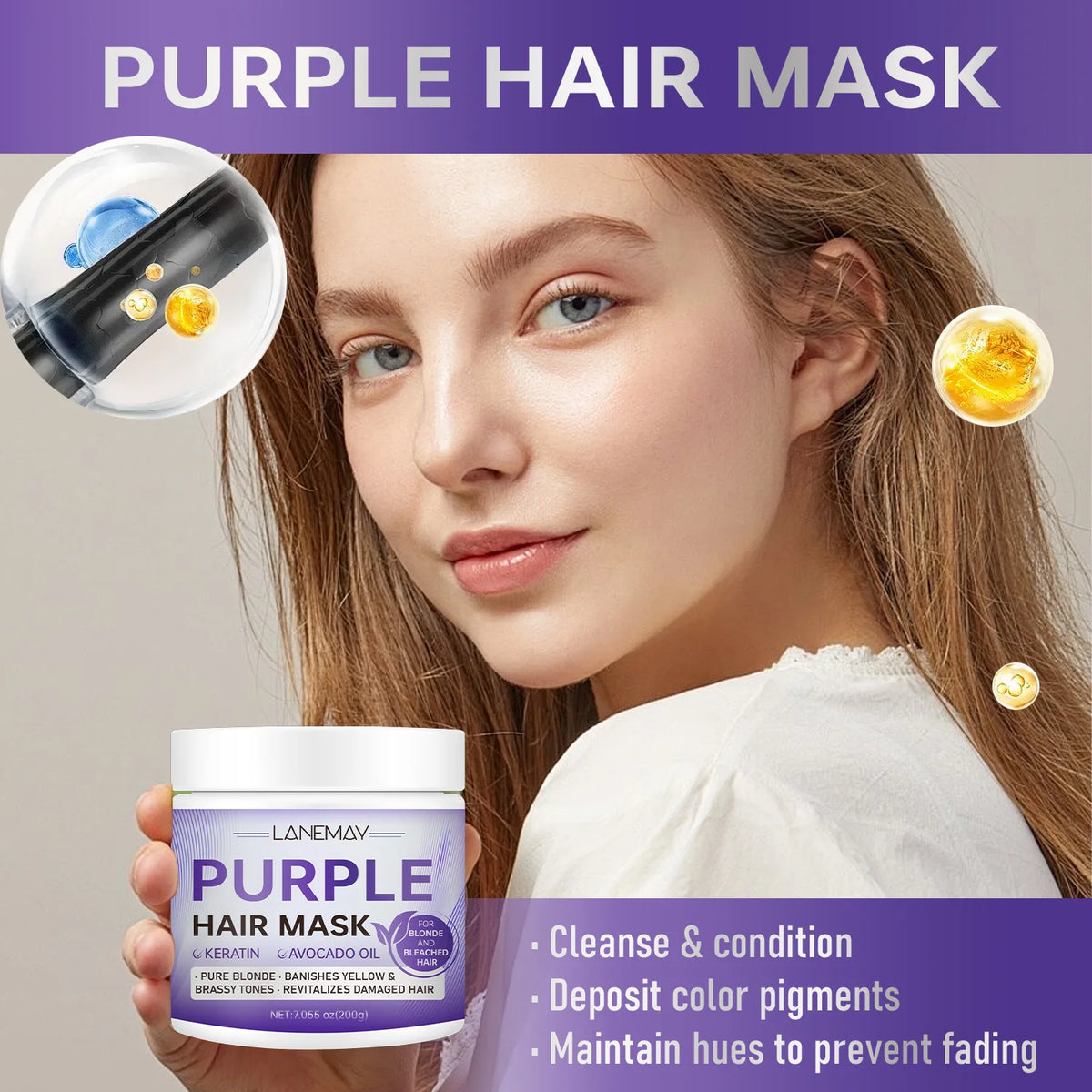 Purple Hair Mask for Blonde & Bleached Hair - Keratin Avocado Oil Toner, Neutralize Brass & Yellow, Repair Damaged Hair 200g