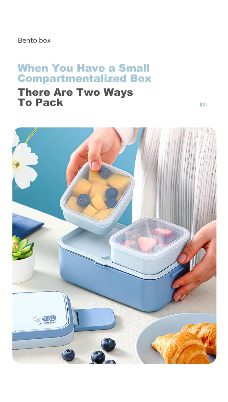 Picnic Lunch Box Bamboo Fiber 3in1 Double Layer Microwavable Bento Box Food Storage Containers school Child Lunch Boxes for Kids
