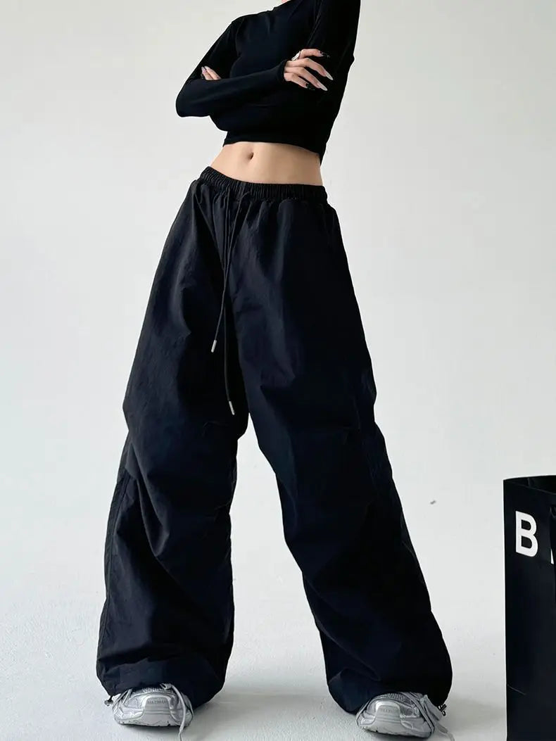 Women's Brown Parachute Pants 2026 Summer New Loose Straight Wide Leg Trousers Casual Quick Dry Cargo Pants Streetwear