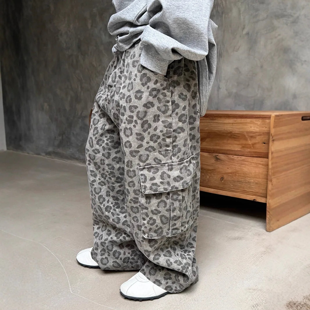 Boys Girls Spring Autumn Cargo Pants 2025 New Fashion Casual Daily Leopard Print Long Trousers for 2-11Y Kids