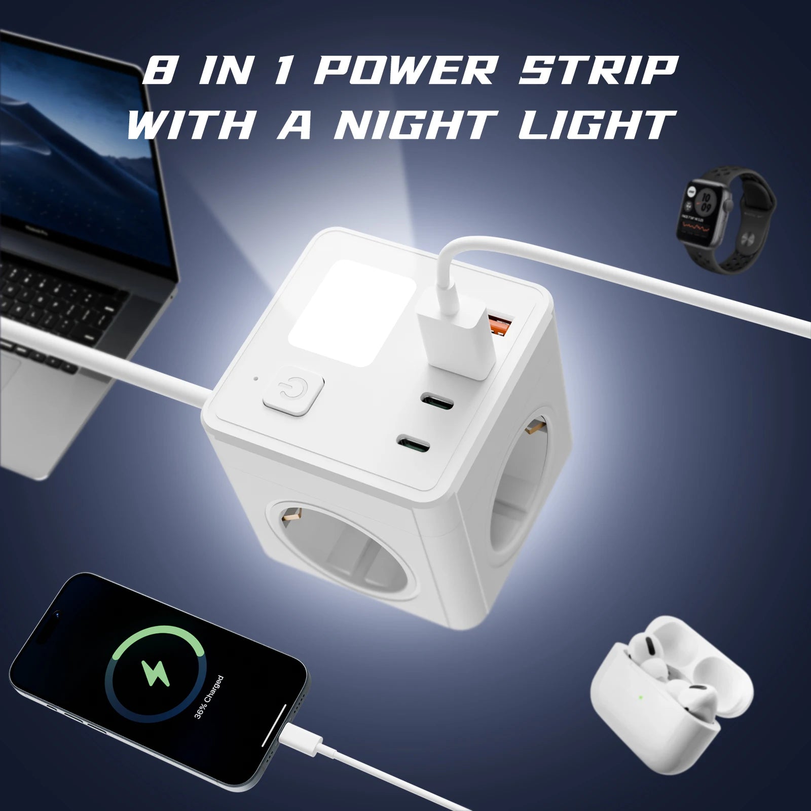 1 EU 8-in-1 power socket, with 1.5-meter extension cord power board, 3 AC sockets & 2 USB & 2 Type-C & dimmable small night ligh