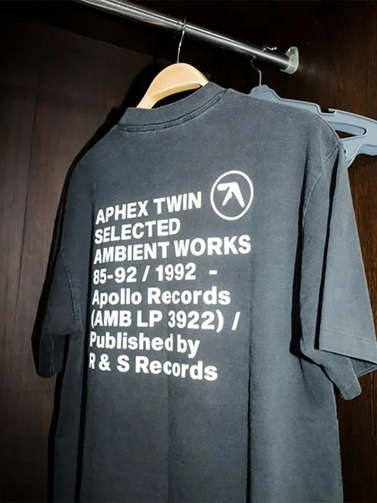 Men T-Shirt Aphex Twin Washed Black Print Short Sleeve Tops Cotton Graphic Oversized Korean Fashion Tees Y2k Streetwear Clothing
