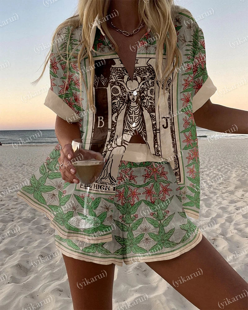 Summer Fashion Print Beach Holiday 2-Piece Set Women Short Sleeve Shirt Top + Wide Legs Short Women's Oversized Two-Piece Outfit