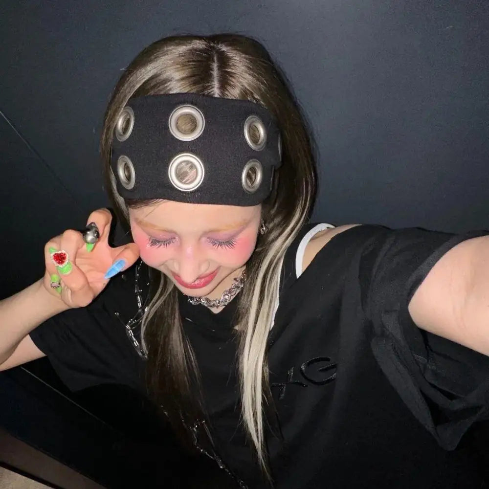 Y2K Girl Hollowed Out Wide Elastic Headband With Eyelets Punk Headwrap Rock Grunge Stretchy Headbands for Women Hair Accessories