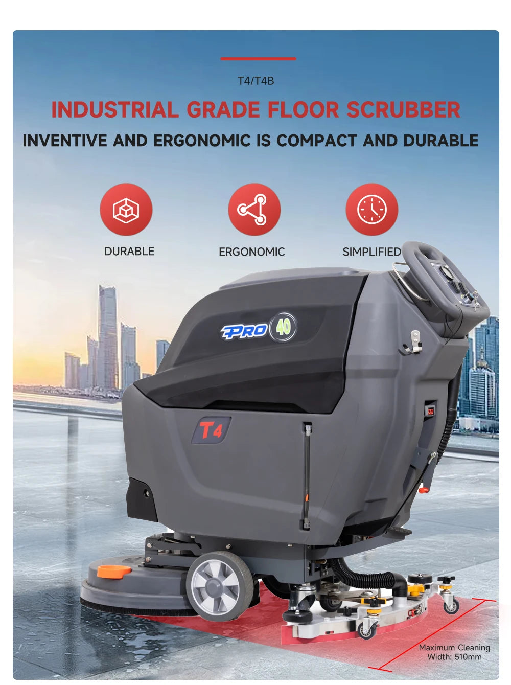 T4B Hand-pushed China Supplier Industrial Floor Cleaner Scrubber Warehouse Cement Floor Washing Machine