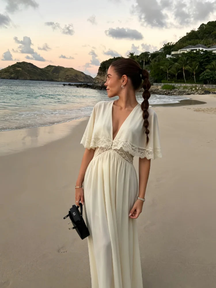 Lightweight Chiffon V-Neck Lace Insert Waist Maxi Dress Cutout Puff Sleeve 2026 Summer Women Party Dress Trendy Chic Lady Outfit