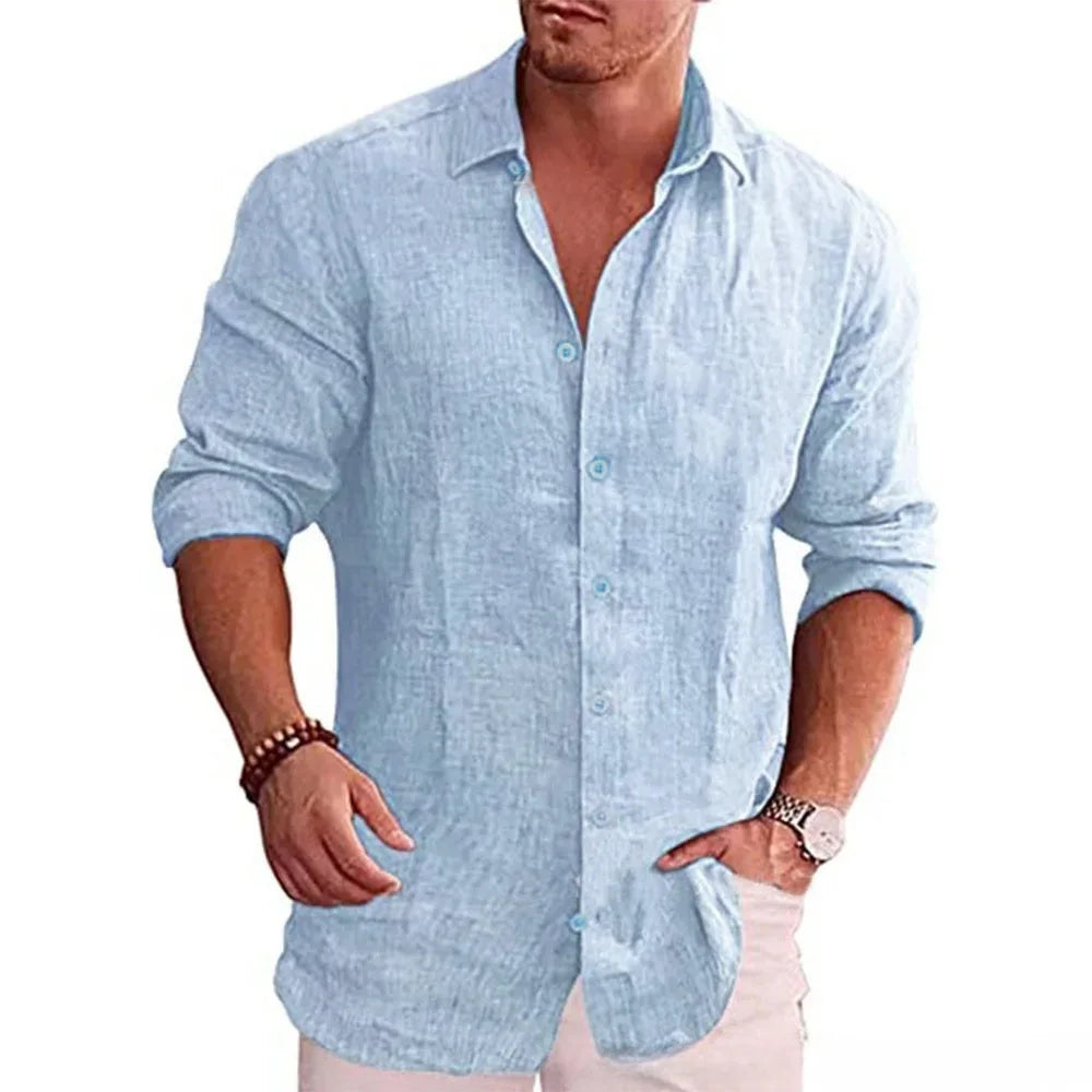 Autumn Hot Sale Men's Long Sleeve Shirt Cotton Linen Breathable Solid Color Casual Style Plus Size Dailywear Men's Linen Shirt