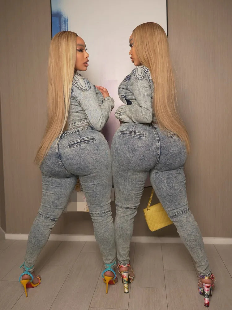 Sexy Denim Women Sets Vintage Wash Stretch Moto Jacket and Skinny Jeans Suit 2025 Fall Streetwear 2 Two Piece Set Outfits