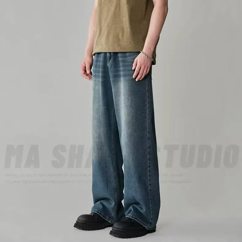 Spring Autumn Men's New Denim Pants Old Blue Washed Casual Jeans Menwear Loose New Fashion Contrasting Color Wide Leg Trousers