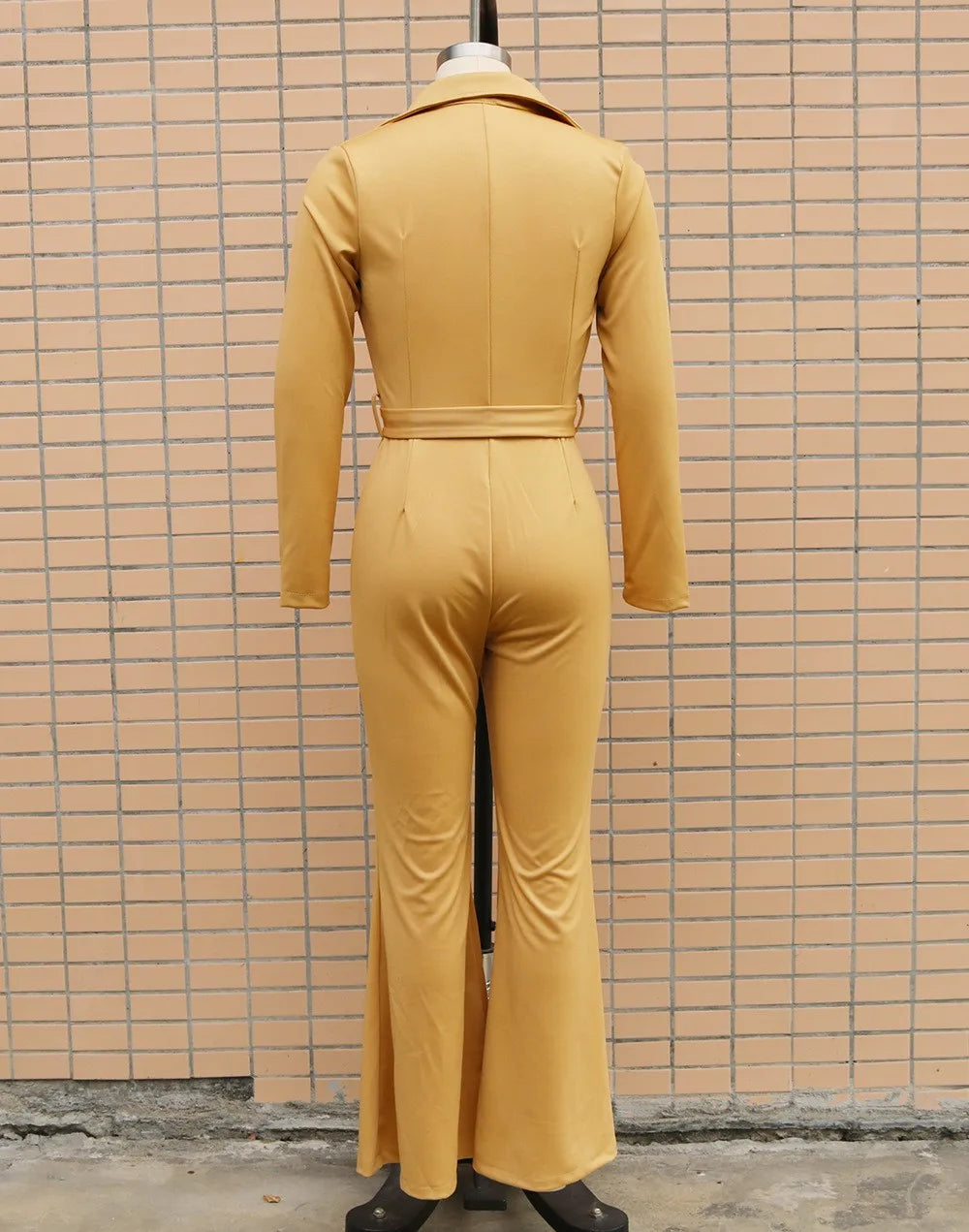 For Woman Jumpsuit High Waist Flare Leg Button Front Jumpsuits Solid Color Deep V Neck Romper Shirt Collar Long Jumpsuit