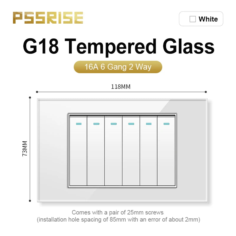 PSSRISE AU EU Brazil Italy US Standard 1/2/3/4/5/6 Gang 2 Way Wall light switch Tempered glass Panel Switch 118*74mm AC110-250V