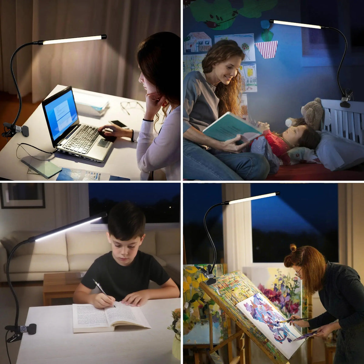 LED Clip-on Reading Light,with 3 Modes and 10 Adjustable Brightness Levels,for Bedside,Workbench,Drawing,USB Adapter Included