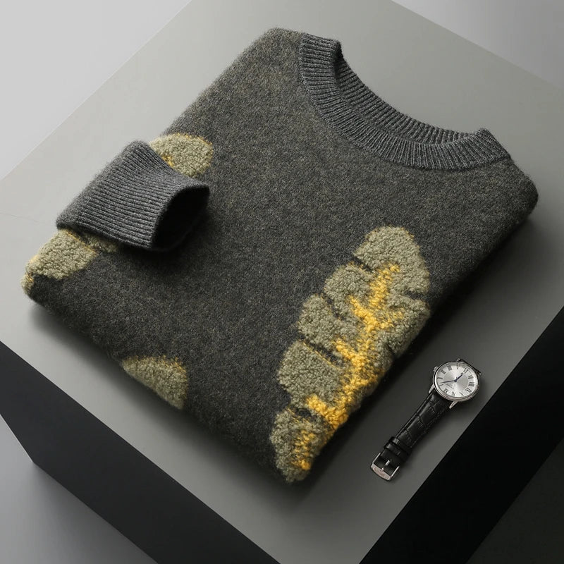 Jacquard Autumn Winter New Cashmere Sweater Men's Round Neck Pullover 100% Merino Wool Knitted Casual Fashion Retro Thicken Top