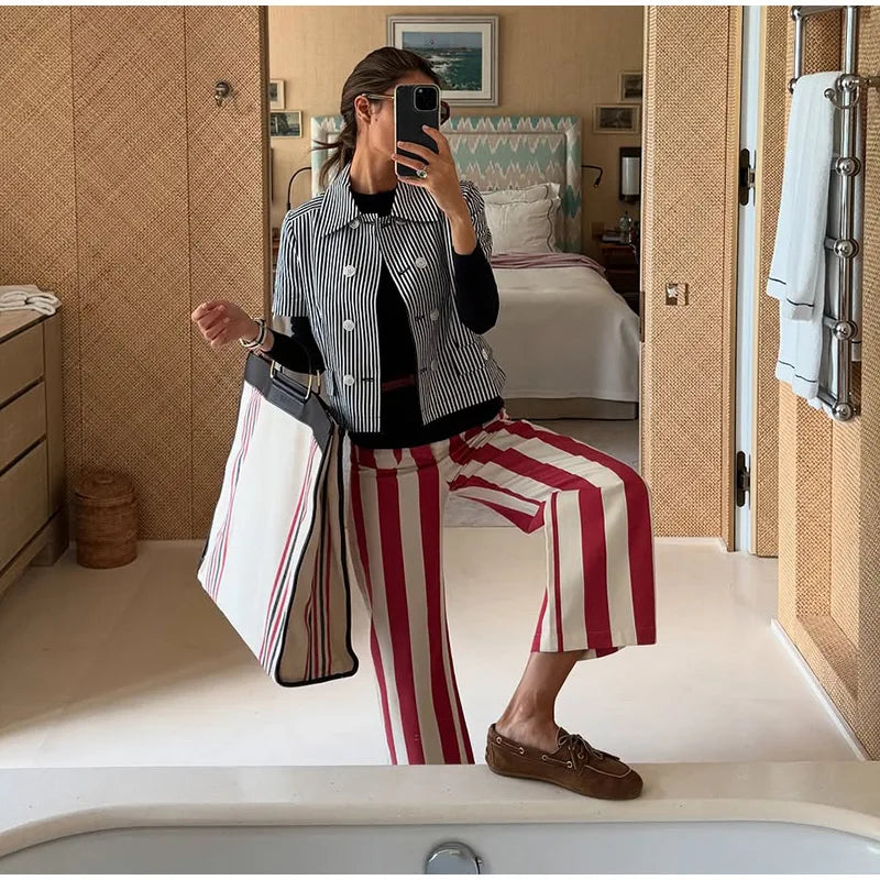 Striped Zipper High-Waisted Trousers Slim Fit Flare Leg Double Pocket 2026 Summer Casual Women Bottom Fashion Chic Lady Pants